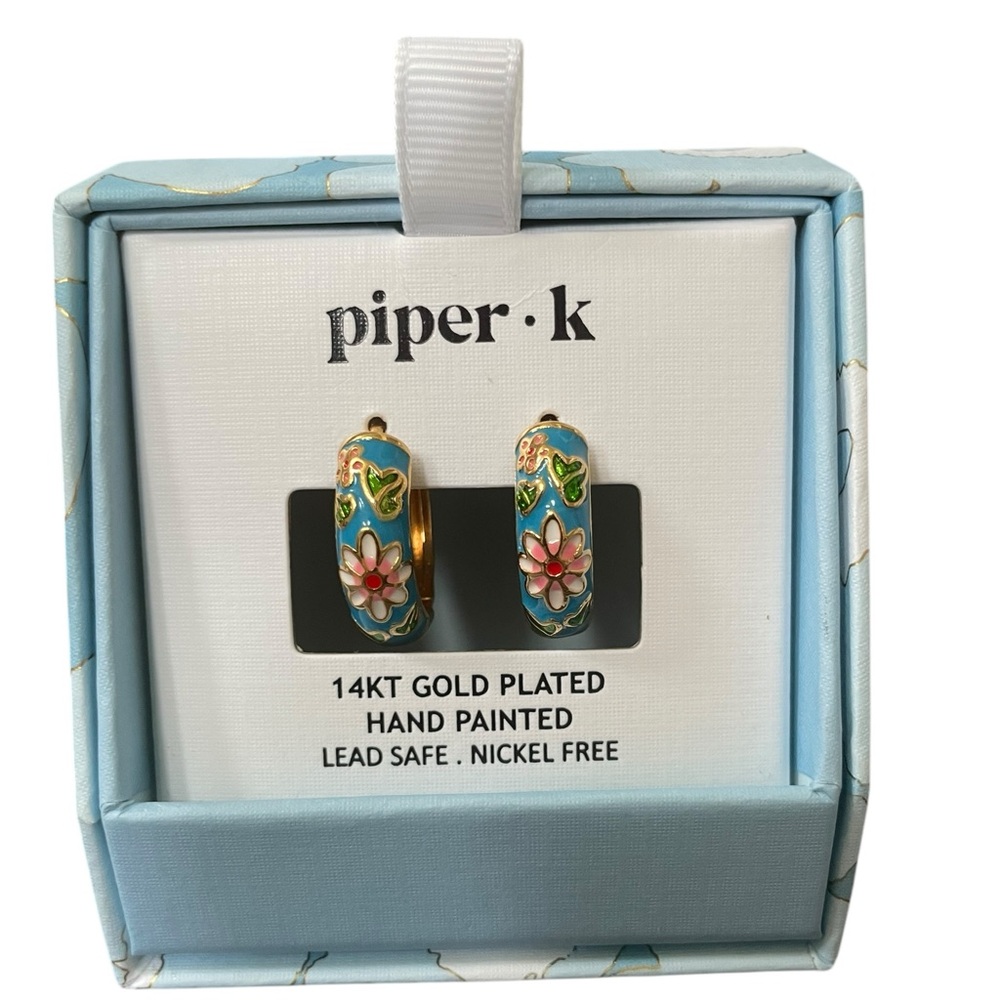 PIPER K 14-K Gold-Plated Hand Painted Blue Floral Pierced Hoop Earrings